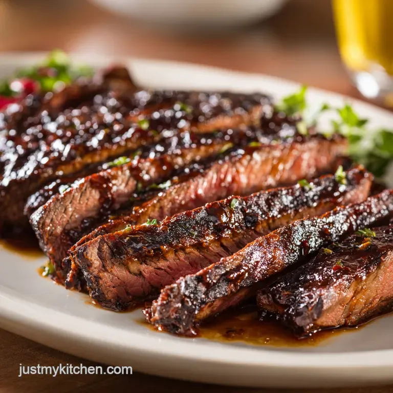 Tender charred steak strips arranged on a white plate with creamy avocado and bright pickled red onions.