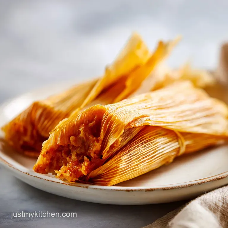 A single, perfectly formed tamale, unwrapped to reveal tender, shredded pork, artfully placed on a white plate.