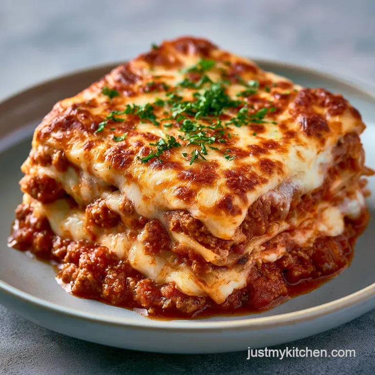 Precise square slice of layered pasta with a creamy white topping and fresh basil on a white ceramic plate.