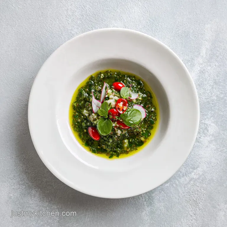 A bright spoonful of textured salsa verde artfully placed atop grilled fish, catching the light.