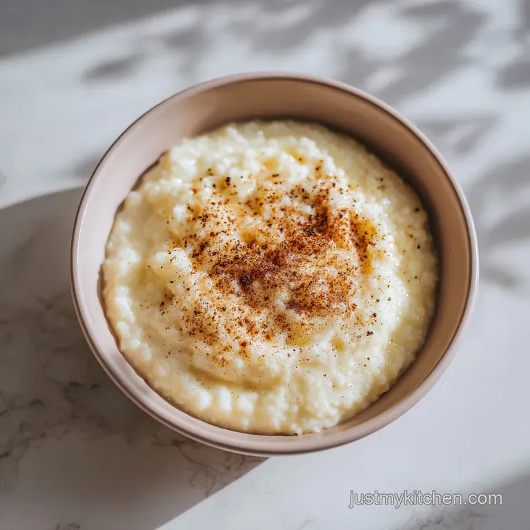 A rustic ceramic bowl overflowing with smooth rice pudding, topped with vibrant red berries and a dusting of sugar.
