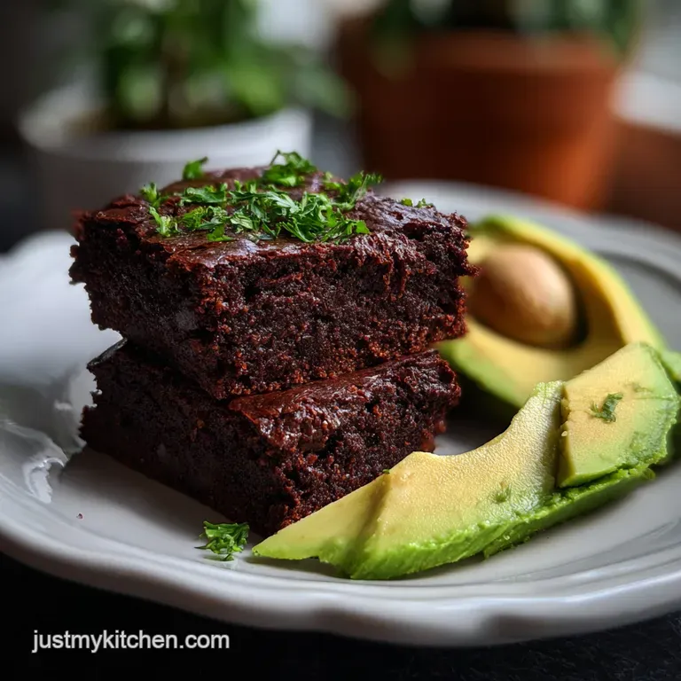 A single avocado brownie, dusted with cocoa powder, sits on a white plate, showcasing its moist, dense crumb.