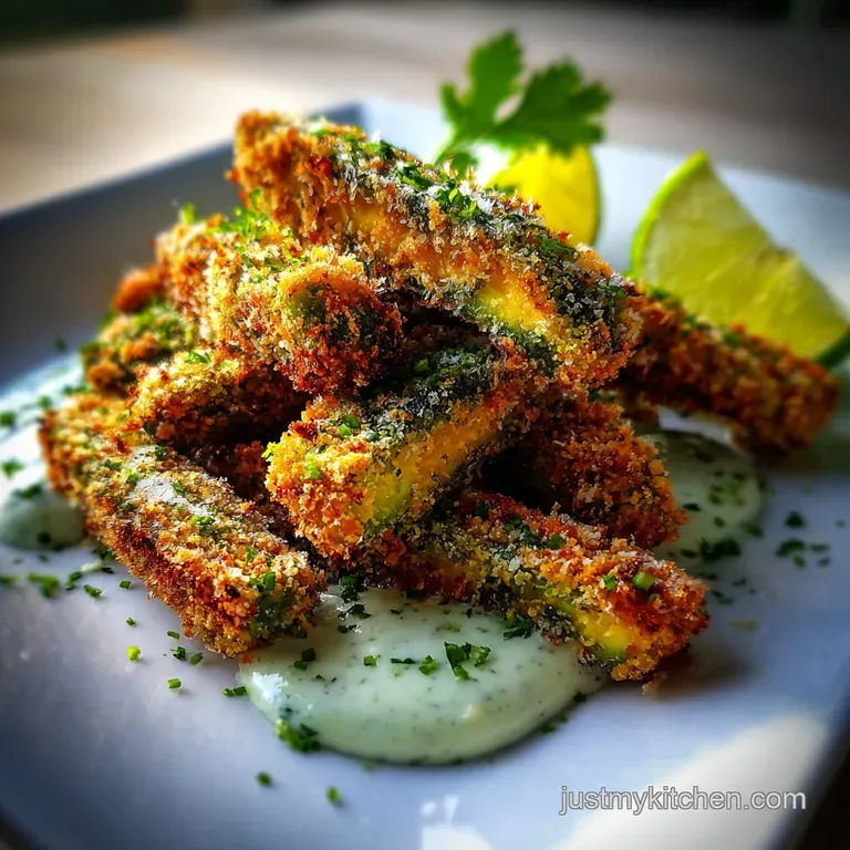 Tower of baked avocado fries with dollops of white lime crema, garnished with fresh cilantro sprigs on a clean white plate.