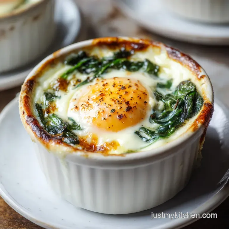 Baked Eggs Florentine served in a white bowl, garnished with a vibrant green sprig. Steam rises gently, inviting a first b...