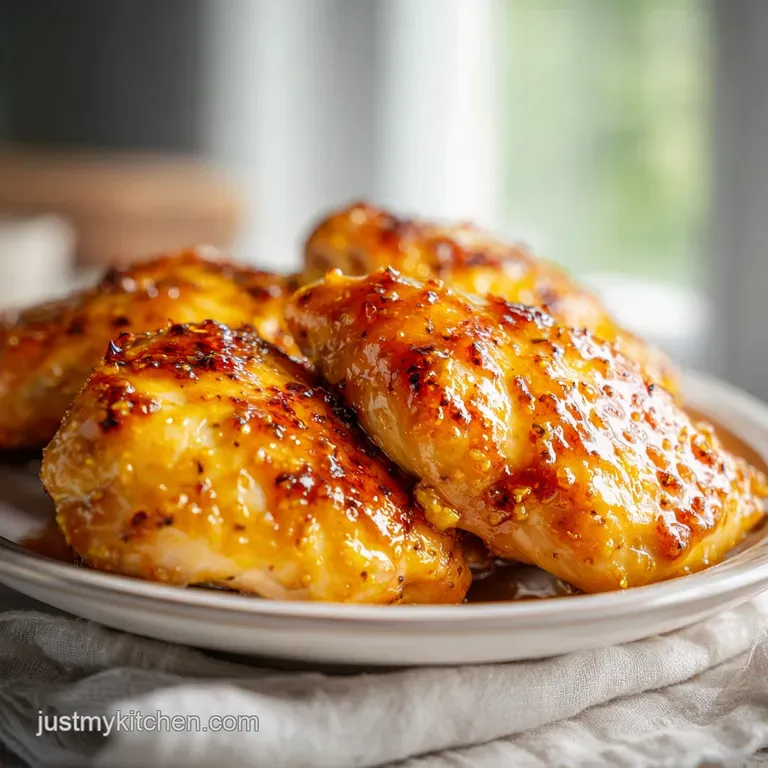 Sliced tender chicken breasts glazed in a shimmering gold sauce, plated beside steamed asparagus and lemon wedges.