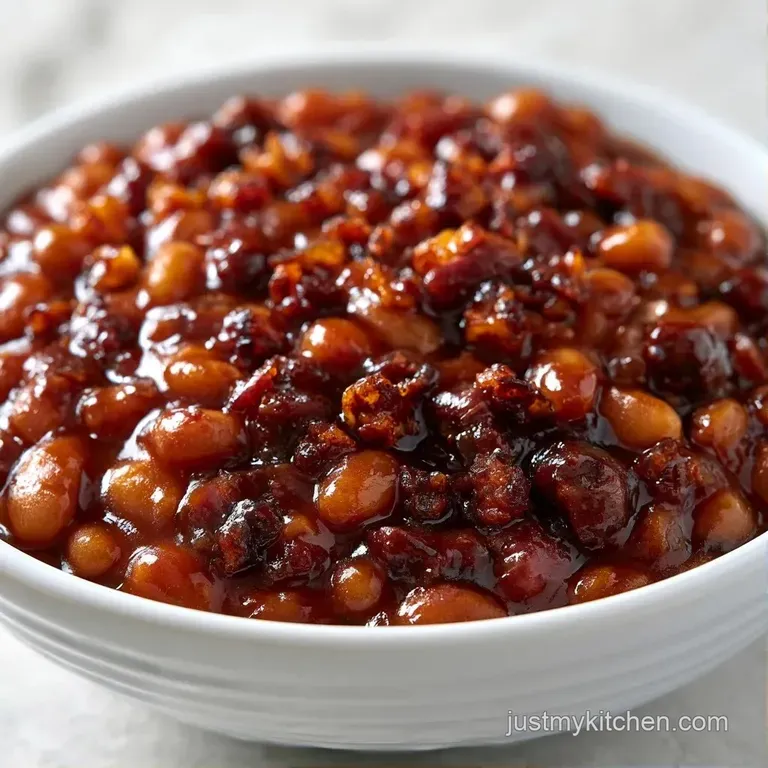 A rustic ceramic bowl filled with rich, mahogany-colored beans topped with golden bacon and a sprig of fresh parsley.
