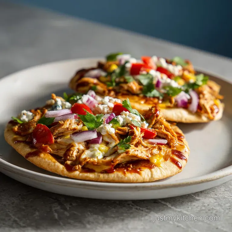 BBQ chicken pita pizza half, showing crispy edges and juicy chicken, served on a white plate. Drizzled with BBQ sauce.