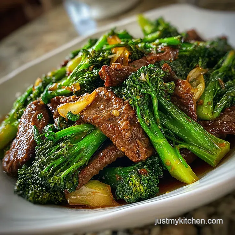 Steaming beef and broccoli stir-fry artfully plated; vibrant green broccoli and tender beef shine against the white plate.