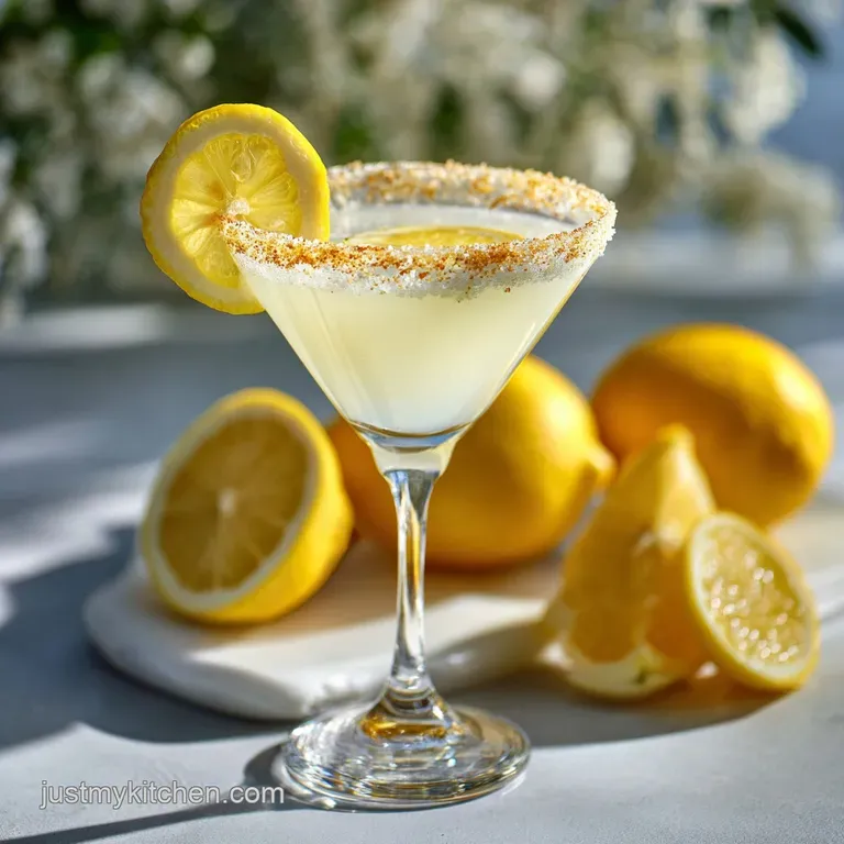Icy lemon drop martini in a sugar-rimmed glass, with a bright lemon slice, presented on a sleek bar top.
