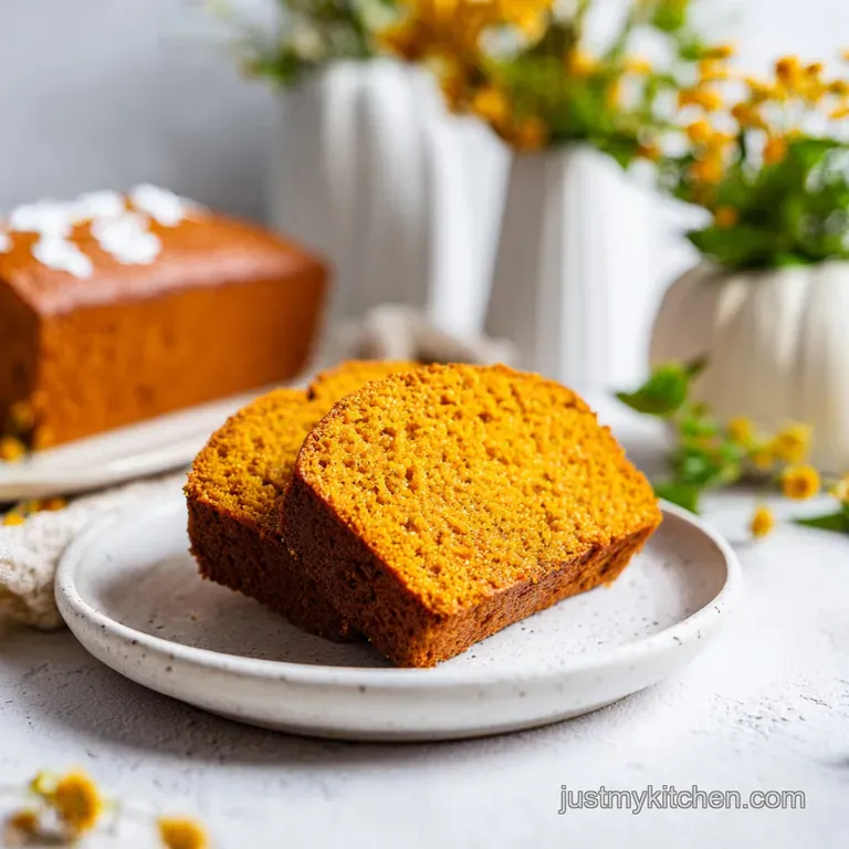 A rustic slice of spiced pumpkin bread on a white plate, drizzled with a light cream glaze.