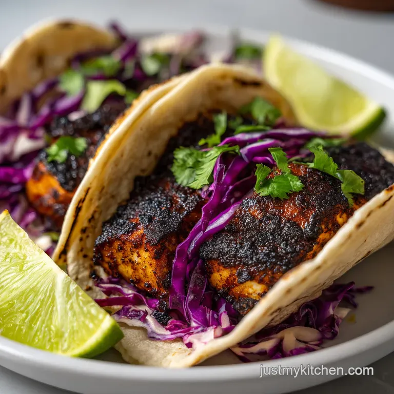 Three colorful tacos on a dark slate platter accented by creamy white crema, sliced avocado, and lime wedges.
