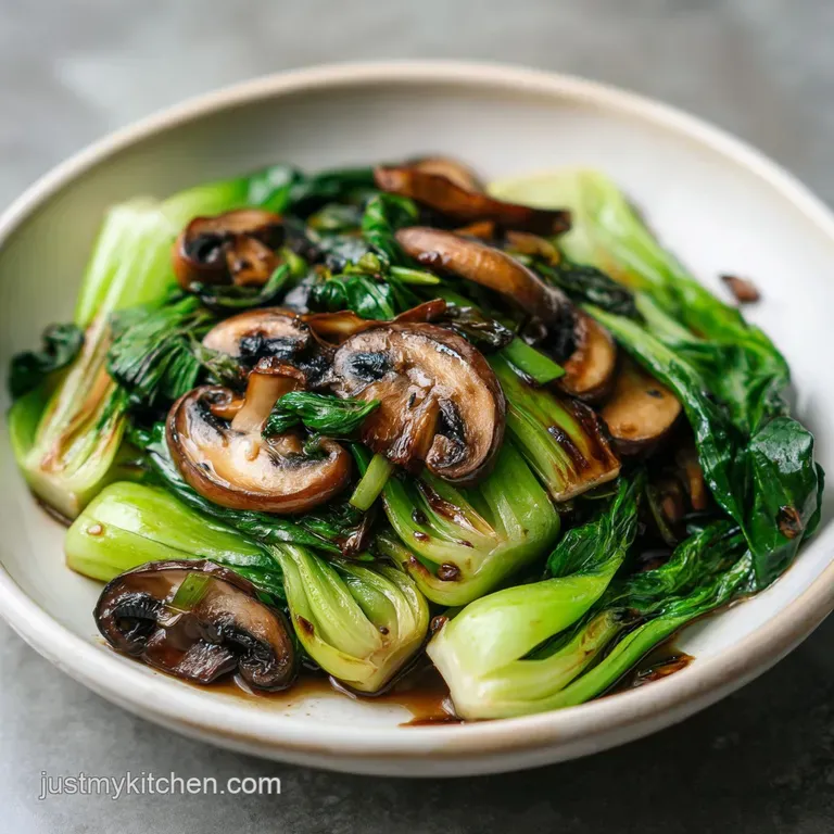 Steaming bok choy and mushroom stir-fry artfully arranged on a white plate, sesame seeds scattered on top, ready to be dev...