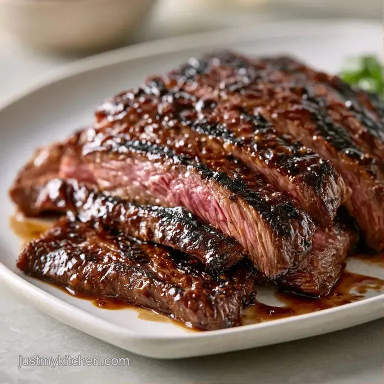 Slices of seared beef arranged on a white platter, topped with melted garlic butter and a sprinkle of sea salt.