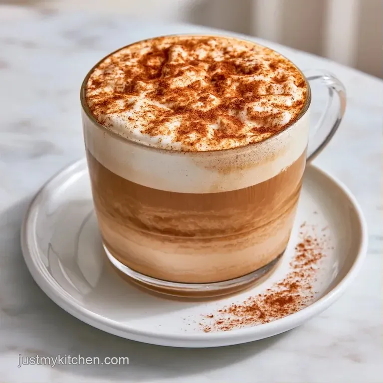 Frothy coffee in a glass mug paired with a cinnamon stick and brown sugar crystals on a rustic wooden coaster.