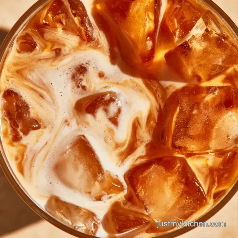 Multiple glass jars of layered iced coffee with creamy tops, neatly arranged on a light wooden kitchen counter.