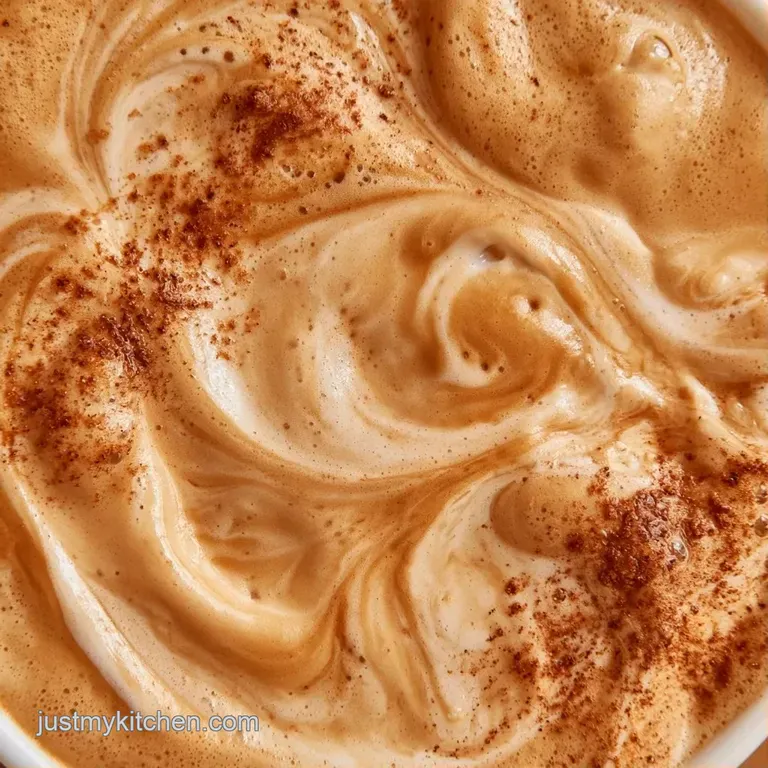 Chilled iced coffee in a tall ribbed glass with a thick layer of tan foam and swirls of creamy white milk.