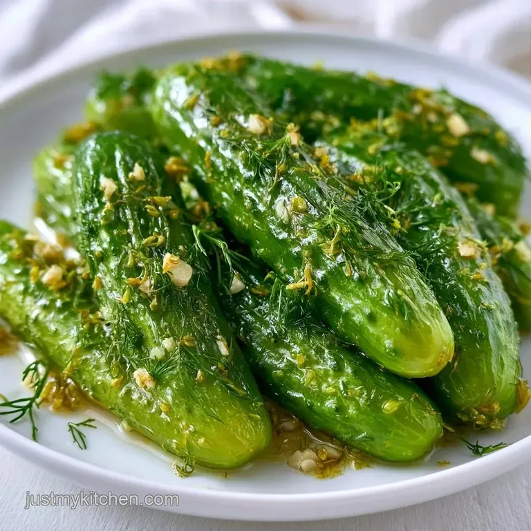 Crisp green pickle spears arranged on a rustic wooden board with smashed garlic cloves and sprigs of fresh dill.