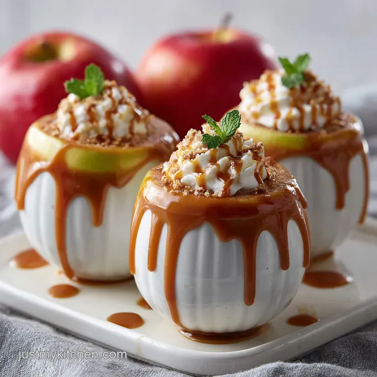 Individual caramel apple cups layered with creamy filling, topped with apple slices and caramel drizzle for a delightful d...