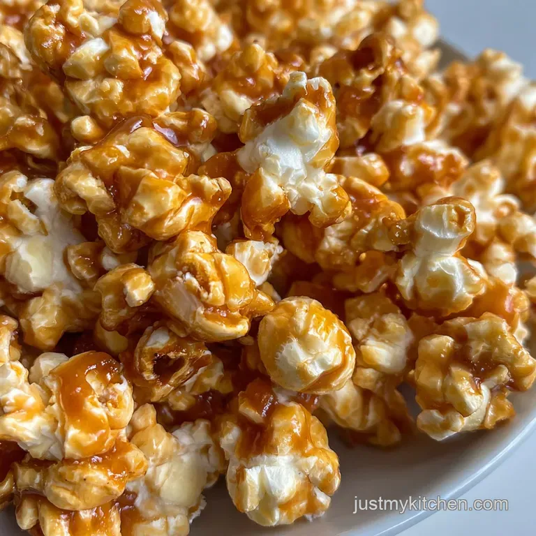 A tower of caramel popcorn on a rustic wooden board, invitingly arranged and ready to be devoured, shiny glaze.