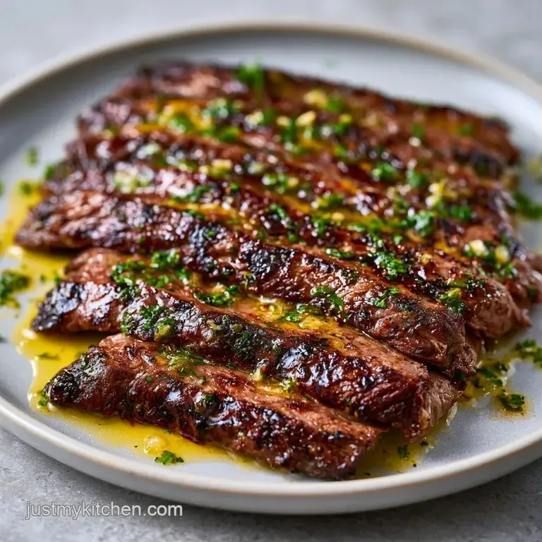 Slices of seared beef arranged on a white plate with a swirl of garlic butter and a sprig of fresh green rosemary.