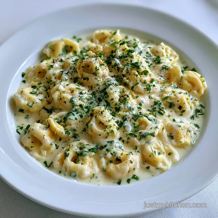 Elegant white bowl filled with creamy pasta rings, garnished with a fresh basil sprig on a rustic wooden surface.