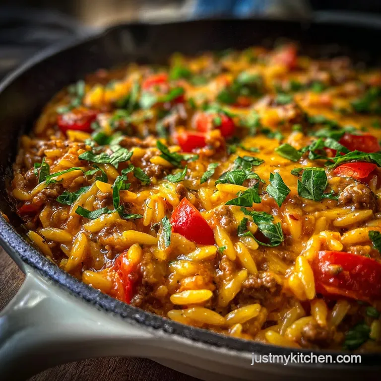 A vibrant bowl of cheeseburger orzo, garnished with fresh herbs and a swirl of creamy sauce, inviting and delicious.