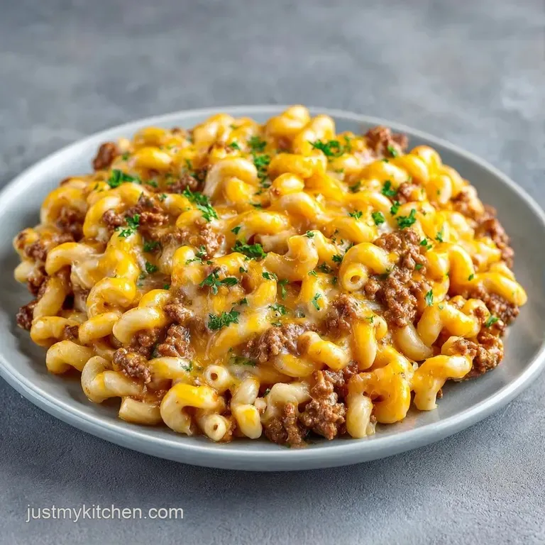 Golden pasta swirls mixed with browned beef on a white plate, garnished with a pinch of red pepper flakes.