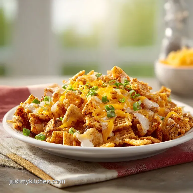 A rustic bowl overflowing with seasoned, toasted Chex mix, perfect for sharing.