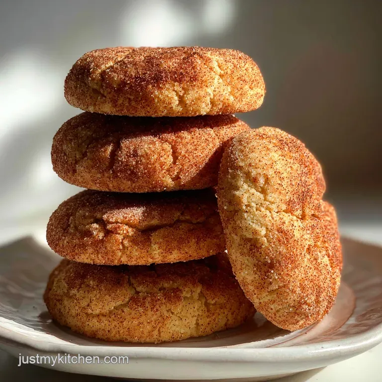 Stack of warm snickerdoodles on a rustic wooden board, powdered sugar drifting down highlighting soft, yielding texture.