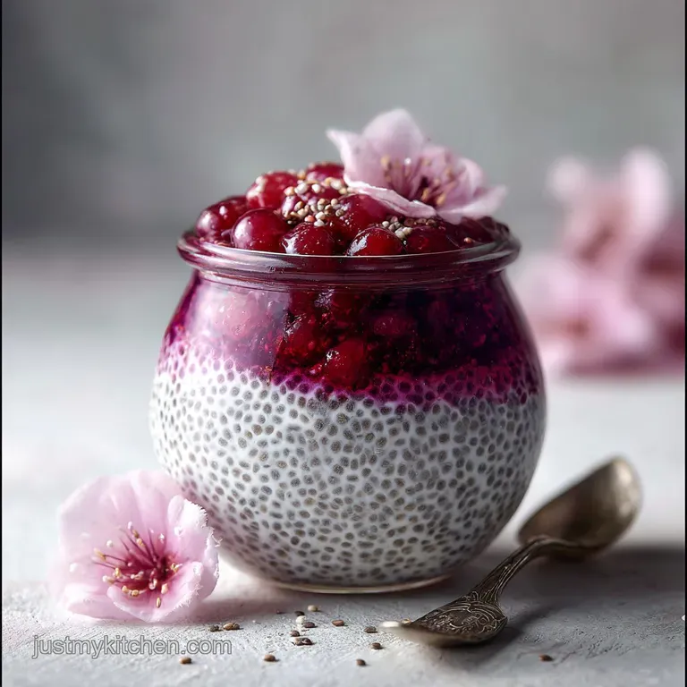 Elegant glass bowl of chia pudding with fresh berries, coconut flakes, and a sprig of mint, ready to be served.
