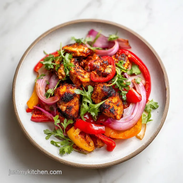 Tender, colorful chicken fajitas artfully arranged with charred vegetables on a rustic wooden board.