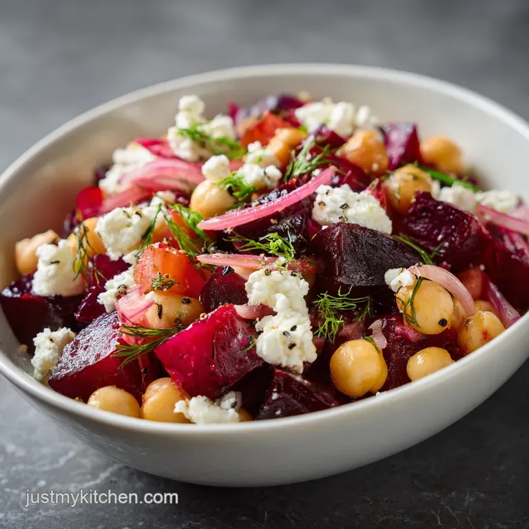 An artfully arranged salad showcasing crumbled feta, diced beets, and scattered chickpeas on a white plate.