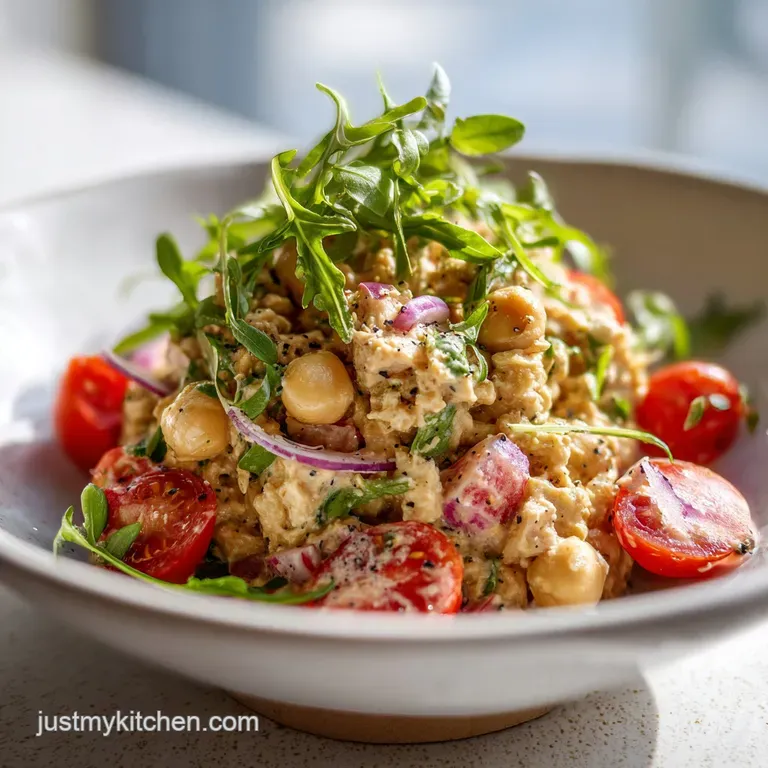 Neat pile of chickpea tuna salad on a lettuce leaf, bright with dill, next to avocado slices and juicy red tomato wedges.