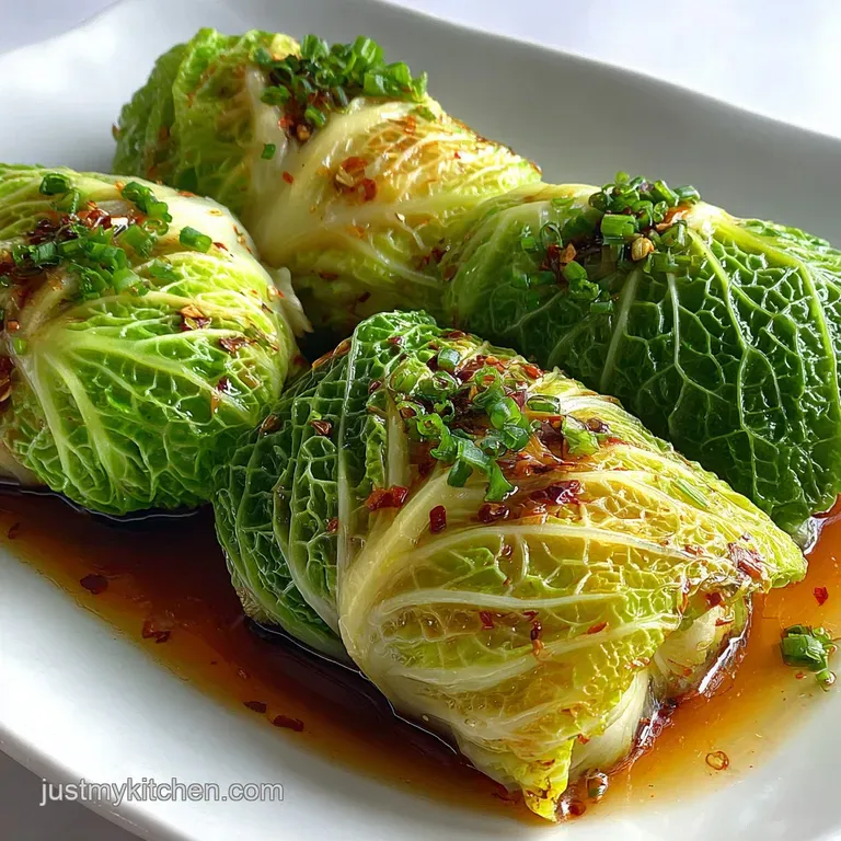 A single cabbage roll, glistening with sauce, rests on a white plate, showcasing its layered texture and fresh green garnish.