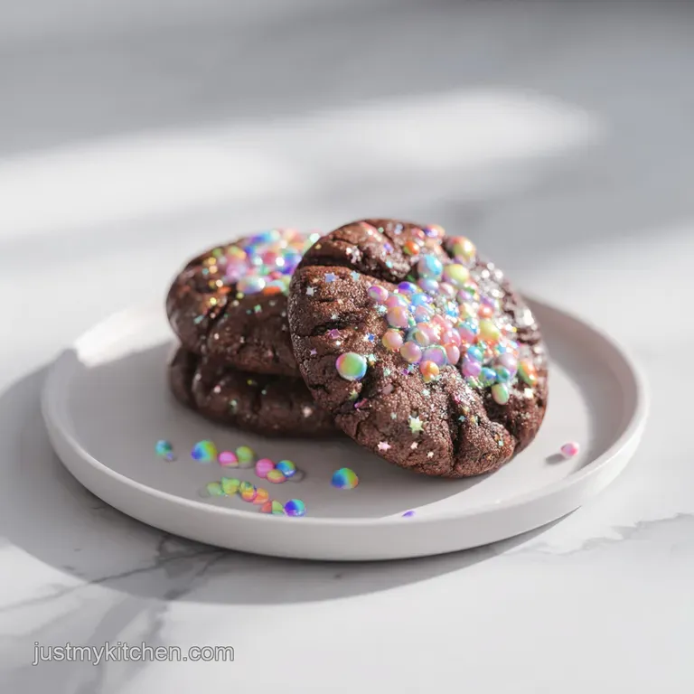Stacked chocolate kiss cookies on a white plate, lightly dusted with powdered sugar, creating an inviting dessert display.