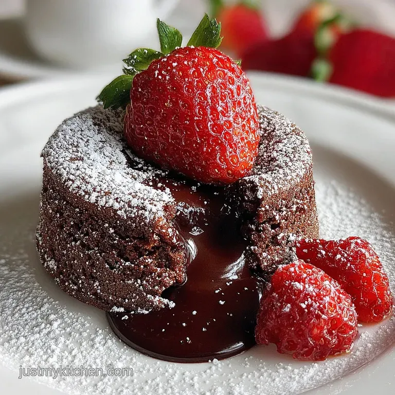 Individual lava cake oozing melted chocolate, topped with fresh raspberries and a sprig of mint on a white plate. Dessert ...