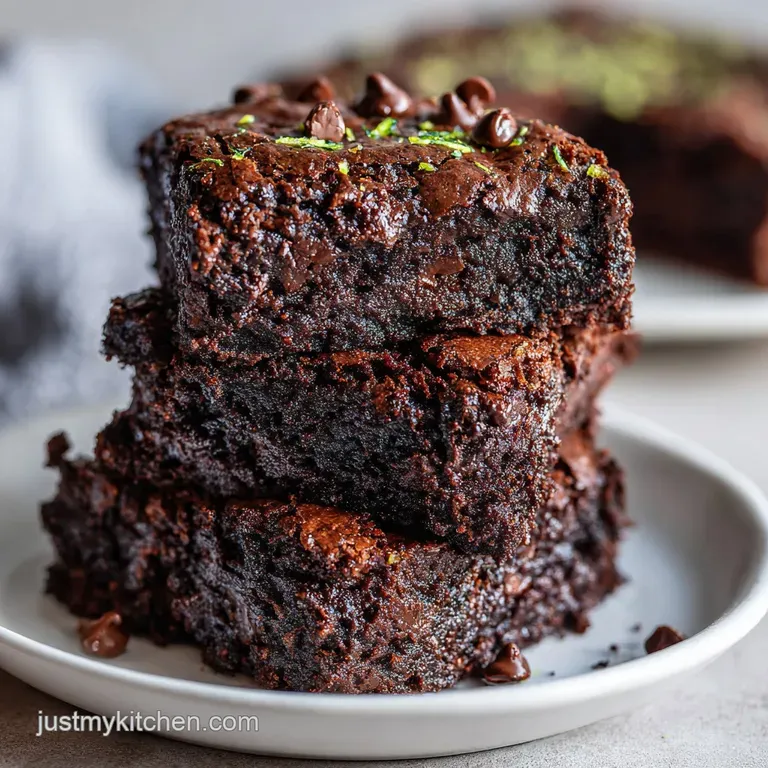 Glistening chocolate brownie square topped with flaky sea salt. Served on a white plate with a dusting of cocoa powder.