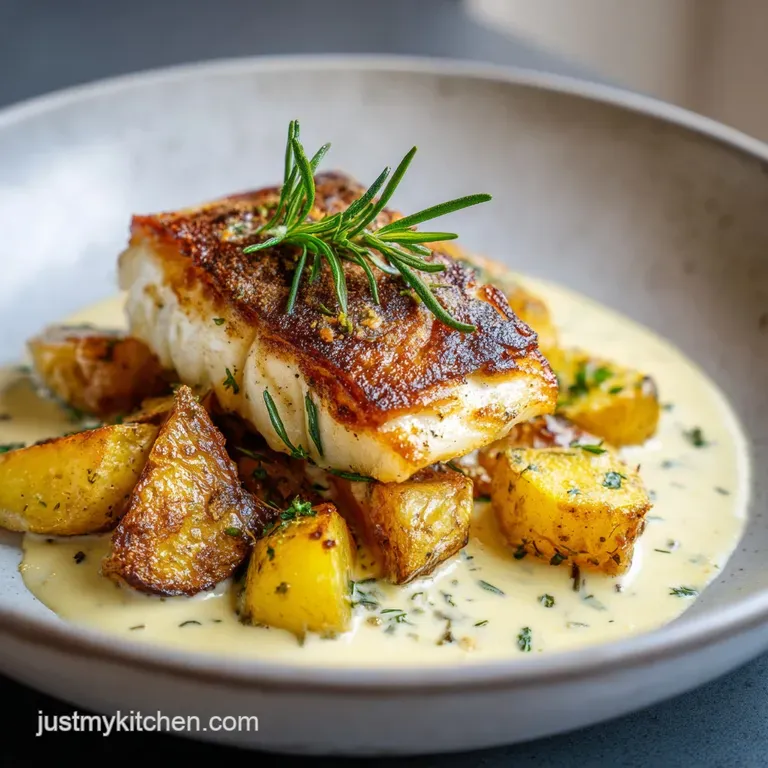 Flaky white cod and tender potatoes in creamy sauce, plated elegantly with vibrant rosemary and cracked pepper.