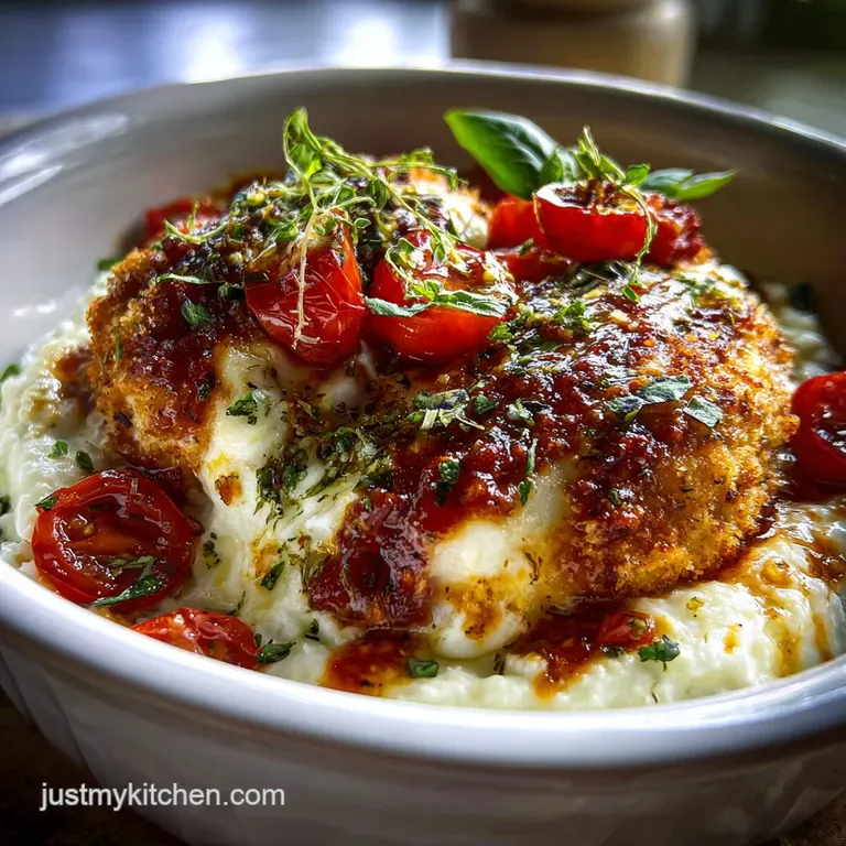 Chicken parmesan atop cottage cheese, garnished with fresh basil. Steaming, bubbling cheese hints at a warm, comforting meal.