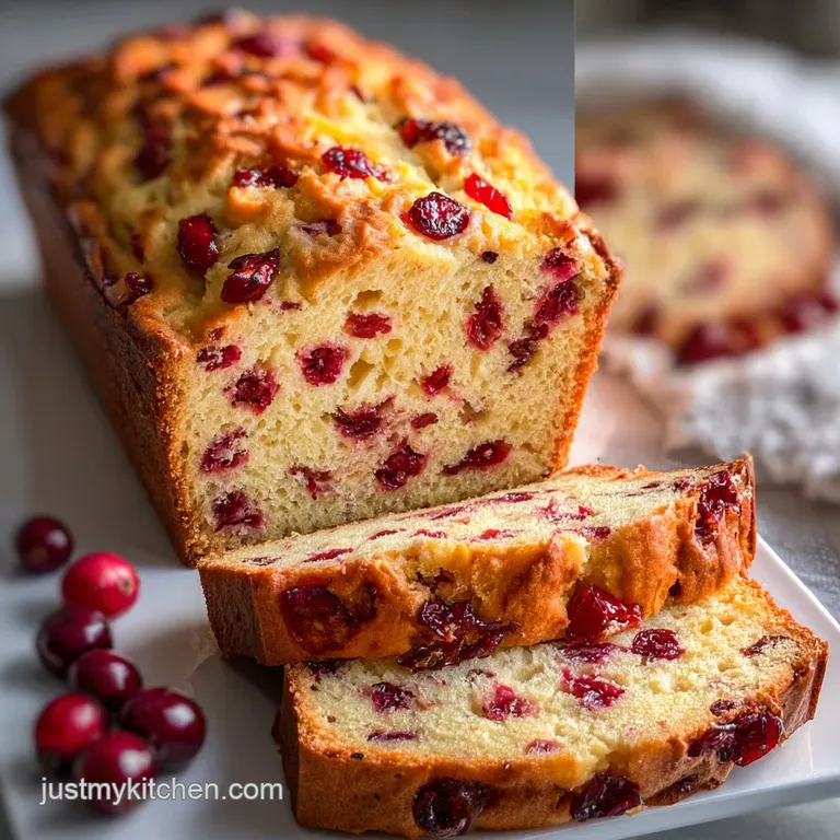 Thick slice of cranberry orange bread on white plate, dusted with sugar and paired with a cup of coffee.