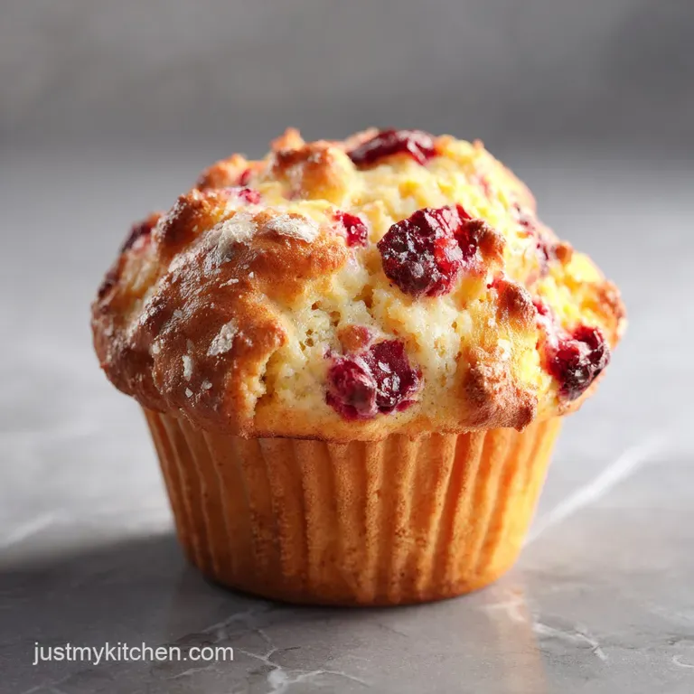 A single cranberry orange muffin with a smooth glaze, artfully plated with a sprig of rosemary. Zesty orange peel detail.