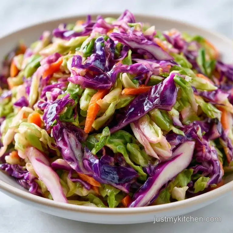 A heap of crisp, shredded purple and green cabbage tossed in creamy dressing inside a modern white bowl.