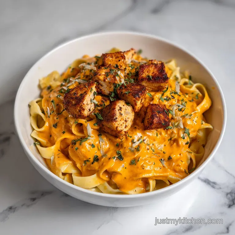 A white ceramic bowl filled with creamy pasta and charred chicken, topped with sliced scallions and fresh parsley.