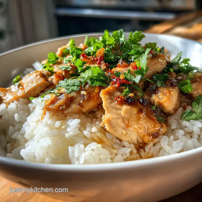 Creamy garlic chicken and rice served in a pristine white bowl. Garnished with fresh parsley. Steam rises, hinting at its ...