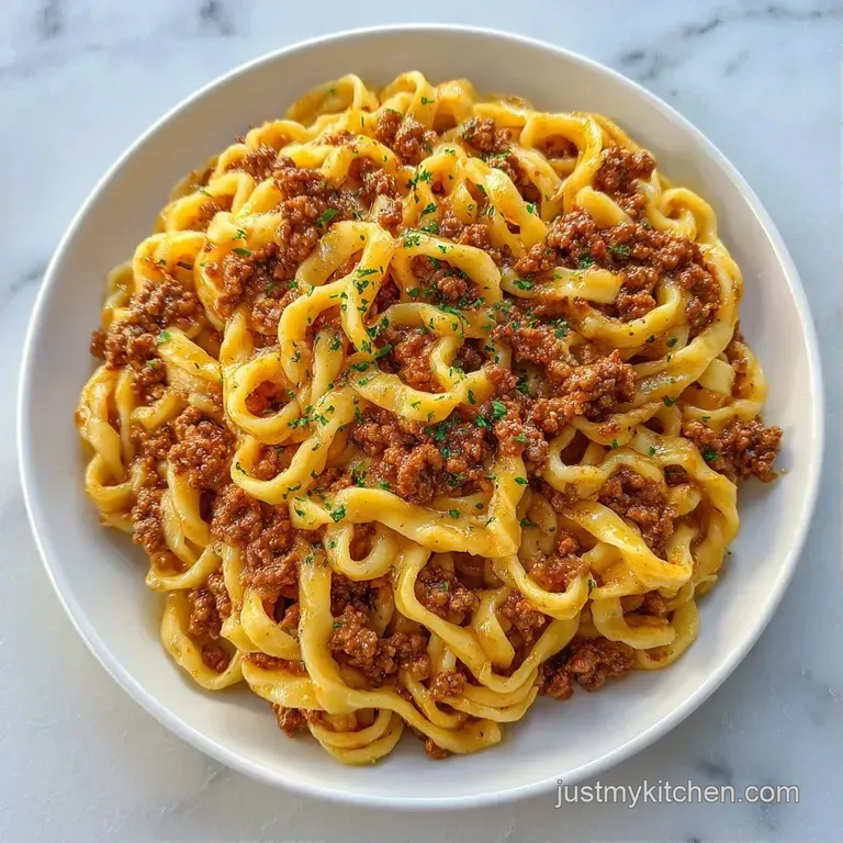 Elegant swirl of tender pasta and seasoned beef in a rich sauce, presented in a ceramic bowl with fresh herb garnish.