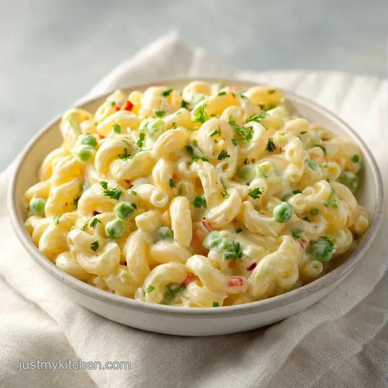 A chilled scoop of creamy macaroni salad in a ceramic bowl, topped with bright green parsley and a silver fork.