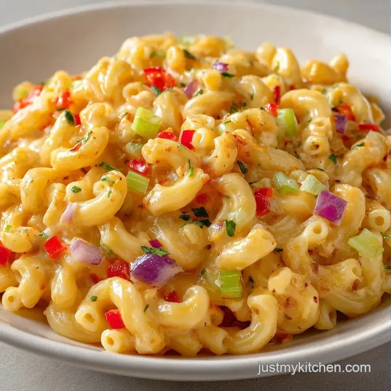 Neatly scooped creamy pasta with vibrant diced carrots on a white porcelain plate, garnished with fresh green herbs.