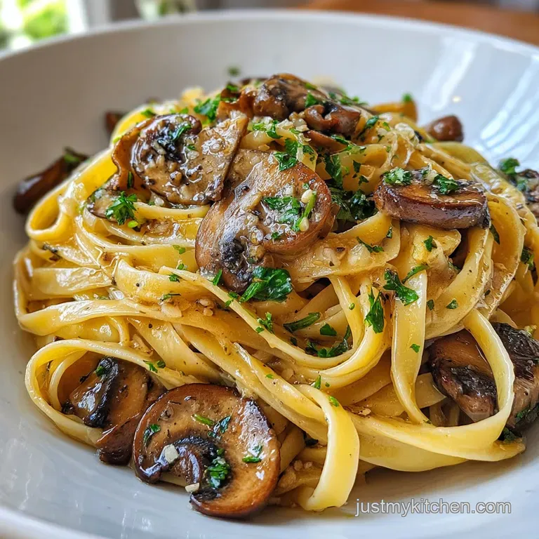 Elegant plate of mushroom pasta. Glossy sauce clings to each strand. Sprinkling of herbs adds brightness. Steam rises invi...
