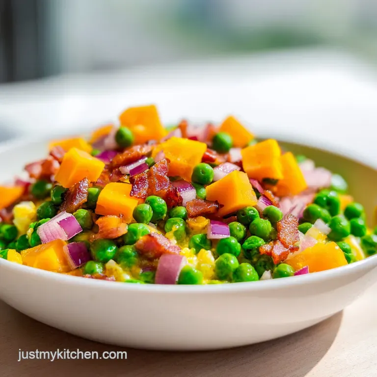 Vibrant green peas and crispy brown bacon bits elegantly arranged on a white plate with fresh herb garnishes.