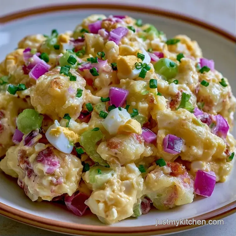 A chilled white ceramic bowl filled with creamy cubed potatoes, topped with fresh chives and thin radish slices.